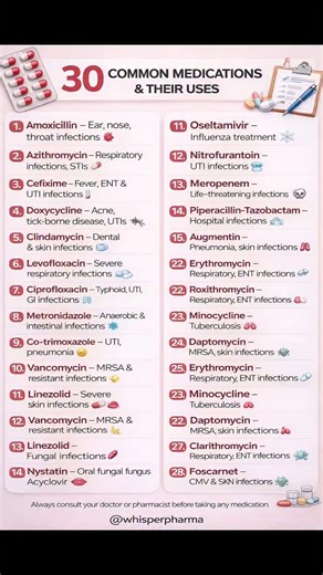 Whisper Pharma on Instagram: "30 Common Medications and Their Medical Uses (Quick Guide) Need a quick reference for common antibiotics and their uses? This guide lists 30 widely used medications with their indications — perfect for pharmacy and medical students! From amoxicillin to foscarnet, learn which drug treats what condition. Helpful for studying pharmacology, exam prep, and clinical reference. common medications and their uses top antibiotics list antibiotics for infections drug chart for