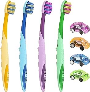 Shield Care Hippo Toothbrush with Versatile Grip and Playful Design for Kids’ Oral Care - Super Soft Bristles, Kids - in 4 Colors, 4 Count (Pack of 1)