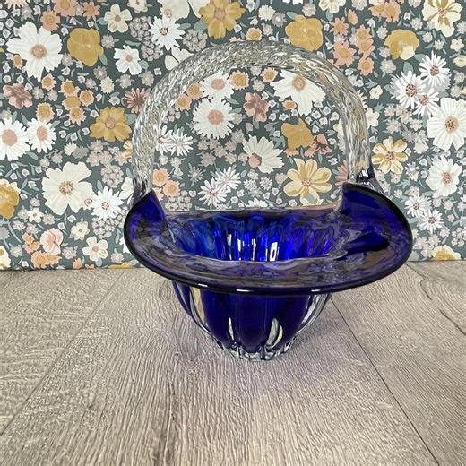 Murano Style Glass Basket – Cobalt Blue With Clear Twisted Handle - Etsy