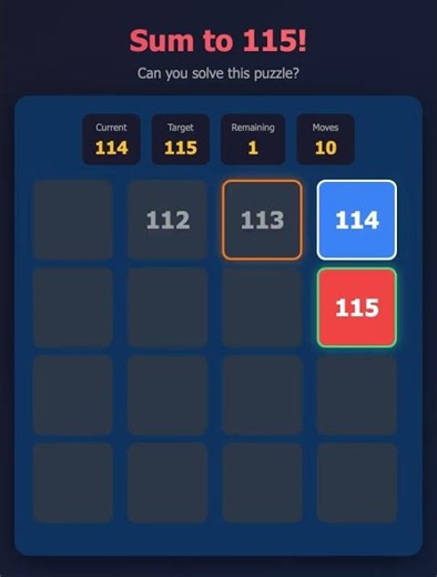 Fun Sum to 115! #riddle #game #games #puzzle #funny #puzzlegame #gridgame #braingames #brainteaser