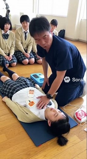 救命講習で女子高校生がAEDをつけられて心臓マッサージされる実験台に! CPR woman girl