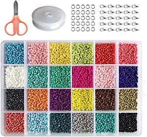 Seed Beads for Jewelry Making - 24 Color Pony Beads 24000 PCs 2 mm 11/0 Glass Seed Beads with Jump Rings Lobster Clasps Elastic String Scissors Jewelry Making Kit for Bracelets Necklaces