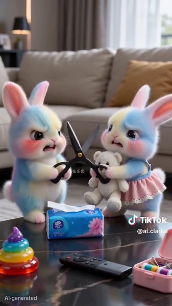 The cute colorful rabbit cut the carton with scissors. The colorful rabbit sister stopped it in time and told him that it was very dangerous!#cutepet #kidscontent #cuteanimation #littlebunny #funny