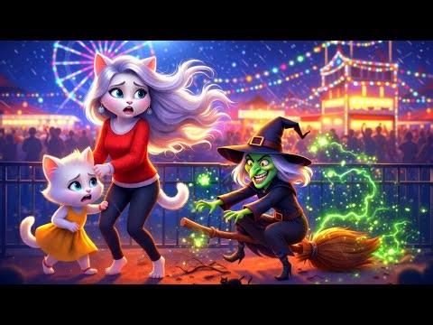 “Evil Witch Attacks Cat Family at Night Carnival!