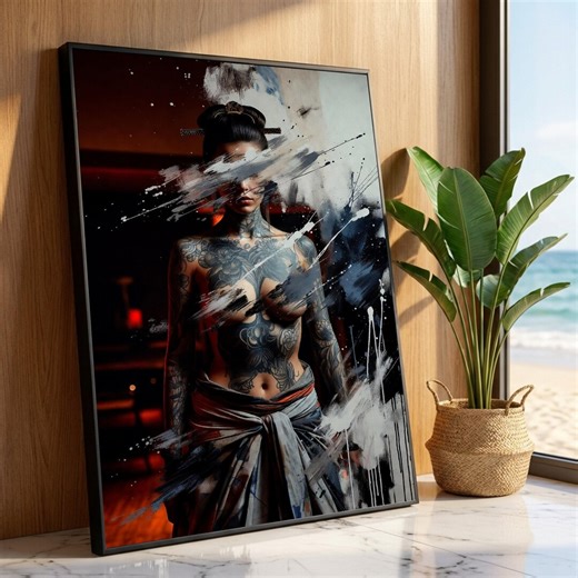 Tattooed Geisha Woman, Abstract Paint Splatter Canvas, Japanese Art Style, Modern Wall Decor, Contemporary Canvas Wall Art Luxury Home Decor - Etsy