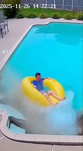 Pool turns into a SINKHOLE — the ground collapses and the man floats away on his tube!