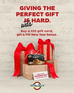 24 reactions · 5 comments | Give the gift of great taste!  Buy a $50 White Spot gift card in-store or online and get a $10 bonus gift certificate so you can visit us again in the new year! *Certificate redeemable January 1-March 31, 2021. https://www.whitespot.ca/gift-cards/ | White Spot Restaurants | Facebook