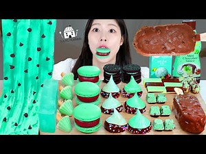 ASMR MUKBANG| Mint Chocolate Desserts(Cream Chinese noodles Jelly, Ice cream, Meringue cookies).