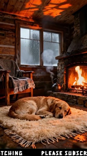 Cozy ASMR: Dog Sleeping by Fire on Rainy Night