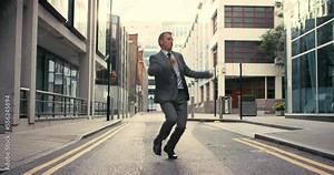 Businessman, dancing and funny city worker dance of a man happy about job success or promotion. Party dancer energy, working and music of a crazy accounting employee celebrate in street with freedom