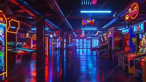 A row of vintage arcade games lit with neon lights.
