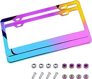 2 Pack License Plate Frame, Iridescent Stainless Steel Gradient Rainbow Neo Chrome Polish Mirror Neo Treatment, Universal US Car License Plate Bracket Holder,2Holes Screws Chrome Caps are Theft Design