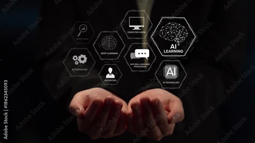 AI learning system involves deep learning, supervised machine learning, and natural language processing. AI learning diagram shows how AI advances learn in automation and data processing. Muxer