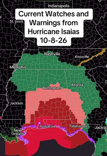 Current Watches and Warnings from Hurricane Isaias. Tropical Storm watches reach to central Alabama, Georgia and Mississippi. Hurricane warnings reach into South Alabama and Panhandle of Florida. Tropical Storm warnings reach to central Alabama. High wind watches are in effect for central and North Georgia into mountains of Tennessee. Flash flood watches extend from gulf coast to central Tennessee. #tropics #alabama #georgia #florida #mississippi