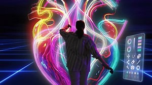 Close Up Back View of a Digital Creator Making Beautiful Virtual Reality Artwork in an Interactive Cyber Environment. Young Artist Using Controller Devices to Create a 3D Animated NFT Project