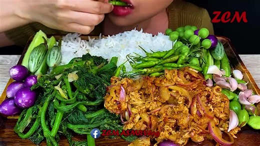 【ZCM ASMR】香辣虾仁沙拉   清炒南瓜叶   白米饭