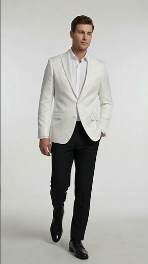 Men’s White Floral Satin Dinner Jacket – Shiny Paisley Tuxedo Blazer for Wedding, Prom