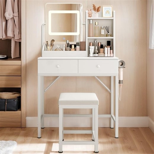 Makeup Vanity Desk with LED Mirror, 31.5” Vanity Table with 2 Drawers & Storage Shelves, White