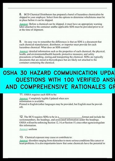 OSHA 30 HAZARD COMMUNICATION UPDATED 2025 QUESTIONS WITH 100 VERIFIED ANSWERS AND COMPREHENSIVE R
