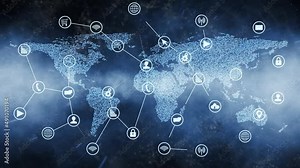 World map digital technology icon symbols connection background.