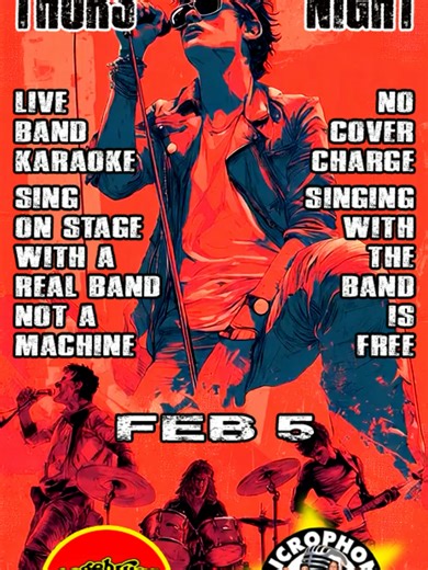FREE! BE A REAL ROCK STAR THURS FEB 5 - It's LIVE BAND KARAOKE NITE with Microphone Heroes at Sagebrush Cantina in Calabasas! Sing with a LIVE BAND... not a machine! Belt out your favorite song on stage with real musicians and show the world why you're destined for stardom! LIVE BAND KARAOKE - It's the ONLY way to sing. FREE! THURS NITE FEB 5 8PM - 11PM At the Legendary SAGEBRUSH CANTINA 23527 Calabasas Rd. CALABASAS, CA (101 Fwy Exit Valley Circle/Mulholland) 🎟️FREE ADMISSION! 🎟️FREE SINGING!