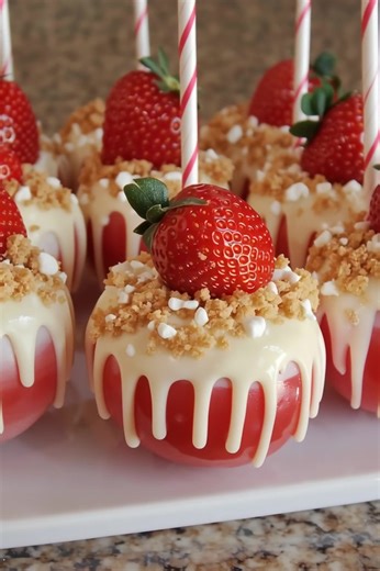 Strawberry Shortcake Candy Apples Strawberry Shortcake Candy Apples Crisp apples coated in creamy white chocolate, crushed cookies, and fresh strawberry slices. Yield: 6 candy apples Temp: No baking required Time: 30 minutes (plus cooling) Key Ingredients First: Fresh apples (Granny Smith or Honeycrisp) ....................... FULLL Recipe in First Cօʍʍеոτ 👇 | Recipes Two