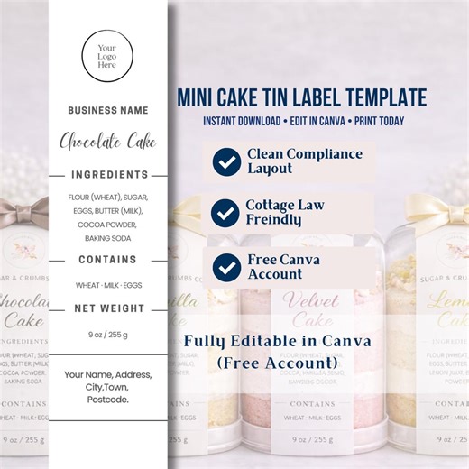 Mini Cake Tin Label Template | Printable 2x8 Inch Bakery Ingredients Label | Editable Canva Mini Loaf Tin Label | Cottage Food Sticker - Etsy UK