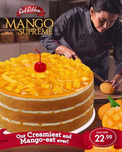 Our Mango Supreme Cake is expertly made with real Philippines Mangoes🥭🥭🥭, giving you that perfect creaminess and sweet mango taste. 😋 Get yours now for only 22.99!😉👌 *Price varies per city | Red Ribbon Bakeshop USA