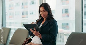 Job interview, waiting room or Korean woman on tablet sign up, recruitment or registration. Hiring, digital or employee with app for onboarding application, survey or paperless process in Mexico