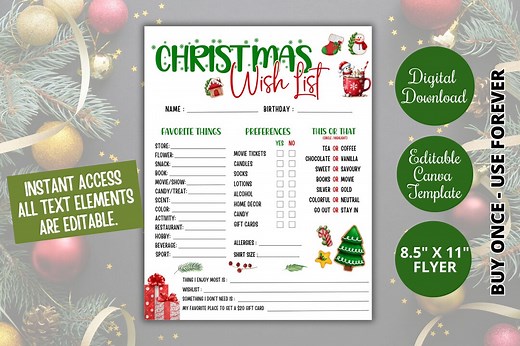 Editable Christmas Wish List Template for Work/office/family Gift Exchange,christmas Holiday Party Games Printables, Secret Santa, Canva - Etsy
