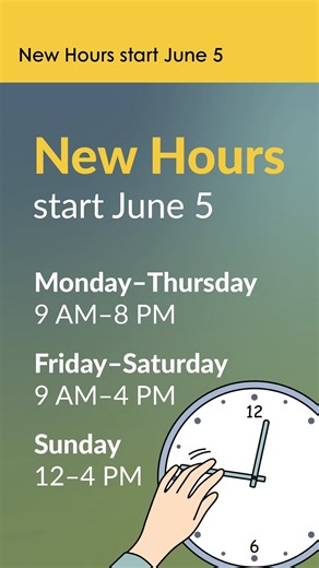 New Lenox Library has new hours starting Monday, June 5! The Library will open an hour earlier each day: Monday–Thursday, 9 AM–8 PM Friday–Saturday, 9 AM–4 PM Sunday, 12–4 PM | New Lenox Public Library