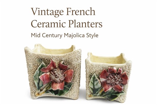 Vintage French Ceramic Planters Set, Mid Century Majolica Style Cachepot, Floral Relief Pottery, Decorative Square Planters Pair - Etsy