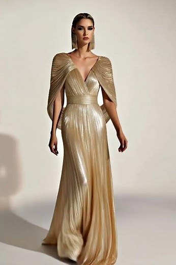 Formal Evening Fringe Dress Gold Sequin V Neck Cape Maxi Gown