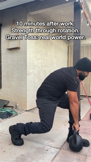 The Gravel Toss is a movement that mirrors what you do at work: Pick up. Rotate. Load. Repeat. Your legs drive the lift. Your core controls the turn. Your grip locks it in at the finish. The difference is… When you train it at home, you control the variables you can’t control on the job: The pace. The weight. The intensity. In this movement: Legs drive. Back pulls. Core rotates. Abs brace. Grip locks in. It’s built off real world labor. tossing heavy loads into a truck, a pile, or a bin. 10 minu