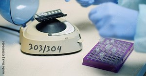 scientist puts virus samples into machine at biotechnology molecular laboratory.