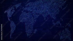 Matrix map in Heads up display.Dark BLUE World map emerging from flying Shining Matrix text.Good for news intro screensaver.Title text like NEWS REPORT and SPORT, WETHER.