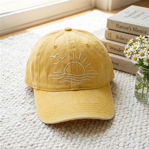 Embroidered Cotton Washed Cap, Beach Vacation Sun and Waves Design - Etsy