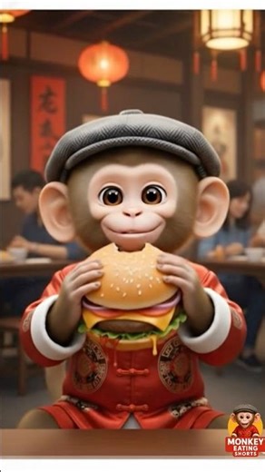 Cute Monkey Eating Burger | Baby Monkey Mukbang | Funny Eating Shorts