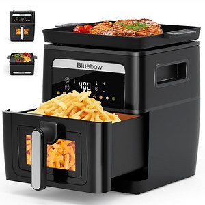 Bluebow 9QT Air Fryer & Grill Pan Combo, Large Capacity, 8 Preset Functions, Non Toxic, Non-Stick, View Window, Black