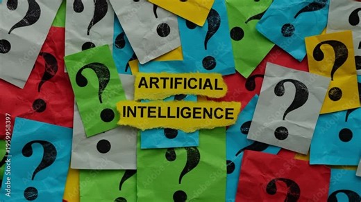 The words Artificial Intelligence on torn yellow paper surrounded by colorful crumpled notes with question marks on them. Close up.