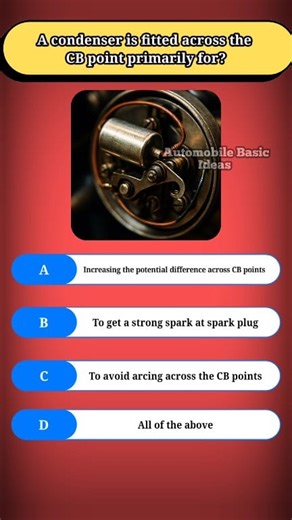 11 reactions · 3 comments | A condenser is fitted across the CB point primarily for?#condenser #contactbreaker #ignitionsystem #carignition #sparkgeneration #automobileengineering #ignitioncoil #arcprevention #pointburning #sparkplug #engineperformance #ignitionsystemmaintenance #automotiveknowledge #mechaniclife | Automobile Basic Ideas | Facebook
