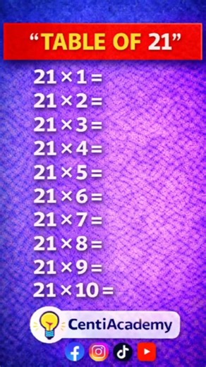 Table of 21 Trick #centiacademy #maths #mathstricks #mathematics #tableof2to10 #shorts #viral #fyp