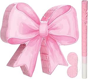 Threan Bow Piñata Bow Party Piñata with Bat Stick Blindfold Mask Conquette Birthday Centerpieces Decorations for Bridal Shower Wedding Anniversary Engagement Supplies(Pink)