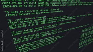 Linux terminal shell scene, hacking, data security check and analyzing commands animation with glitch and distortion effects, concepts, ideas, 4k