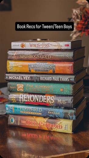💫Book Recs for Tween/Teen Boys💫 I also have several book rec videos with my kids from over the years in my Instagram higlights! Books in this video: WINGS OF FIRE by Tui T. Sutherland MICHAEL VEY by Richard Paul Evans ADVENTURERES WANTED by M.L. Forman FARWORLD by J.Scott. Savage FIVE KINGDOMS by Brandon Mull BEYONDERS by Brandon Mull THE RED PYRAMID by Rick Riordan Hope these help get you started! . . . #igreads #booksforteens #booksfortweens #booksforboys #raisingreaders #middlegradebooks #m