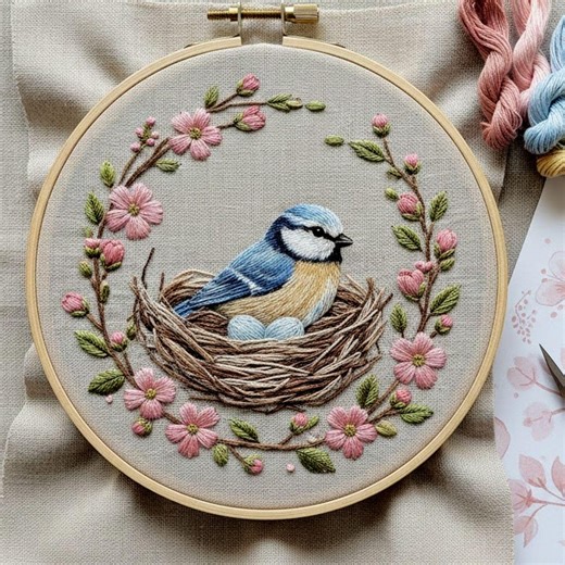 Bird Nest Embroidery Pattern, Floral Wreath Hand Embroidery Design, Spring Bird Hoop Art PDF - Etsy