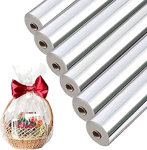 Geyoga 6 Rolls Clear Cellophane Wrap Paper Thick Clear Wrapping Cellophane for Gift Baskets Plastic Flower Bouquet(16 Inch x 100 ft,White)