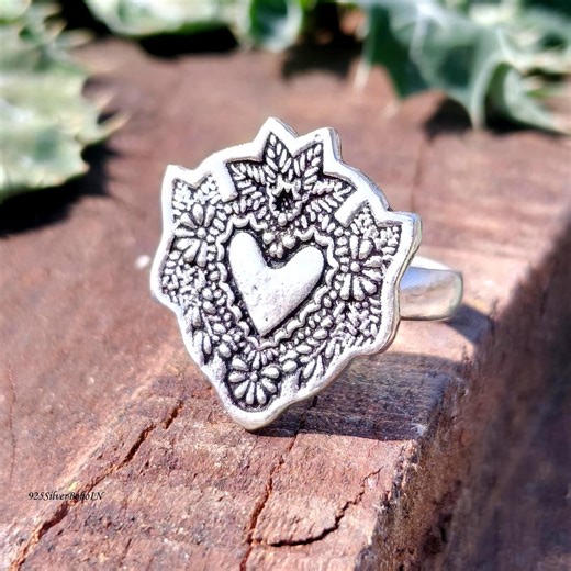925 Sterling Silver Sacred Heart Ring, Oxidized Floral Boho Jewelry, Handmade Romantic Valentine Gift - Etsy