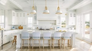 Coastal cottage kitchen decor, white interior design and country house, in frame kitchen cabinetry, sink, stove and countertop, English countryside style