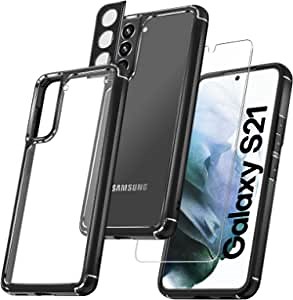 TAURI [5 in 1 Designed for Samsung Galaxy S21 case, with 2 Pack Screen Protector + 2 Pack Camera Lens Protector, [Military Grade Protection] Slim Shockproof Case for Galaxy S21 5G, Black